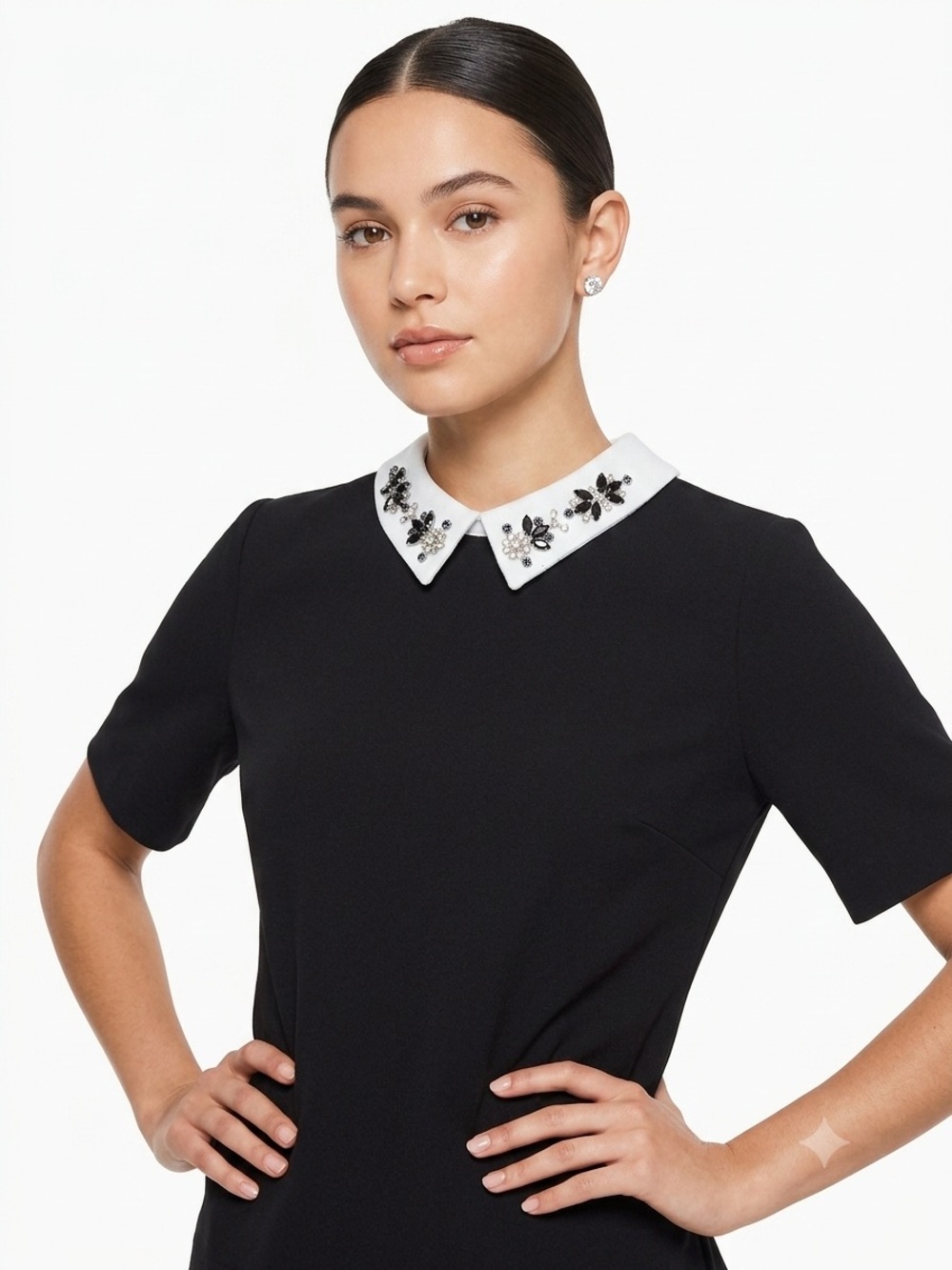 Ivanka Trump Rhinestone Embellished Collar Short Sleeve Blouse Black & White M